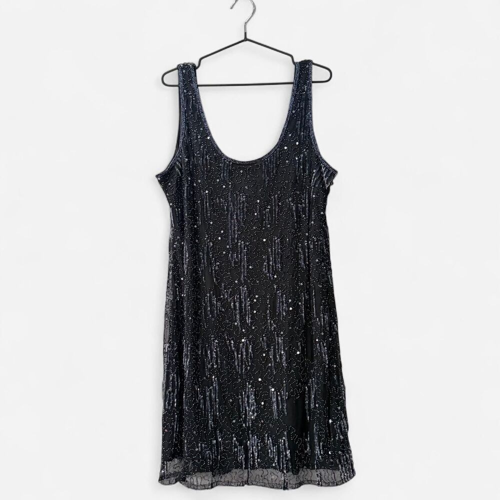 90s fully glass beaded fairy Black mini dress with beaded sequins 16 womens Glam